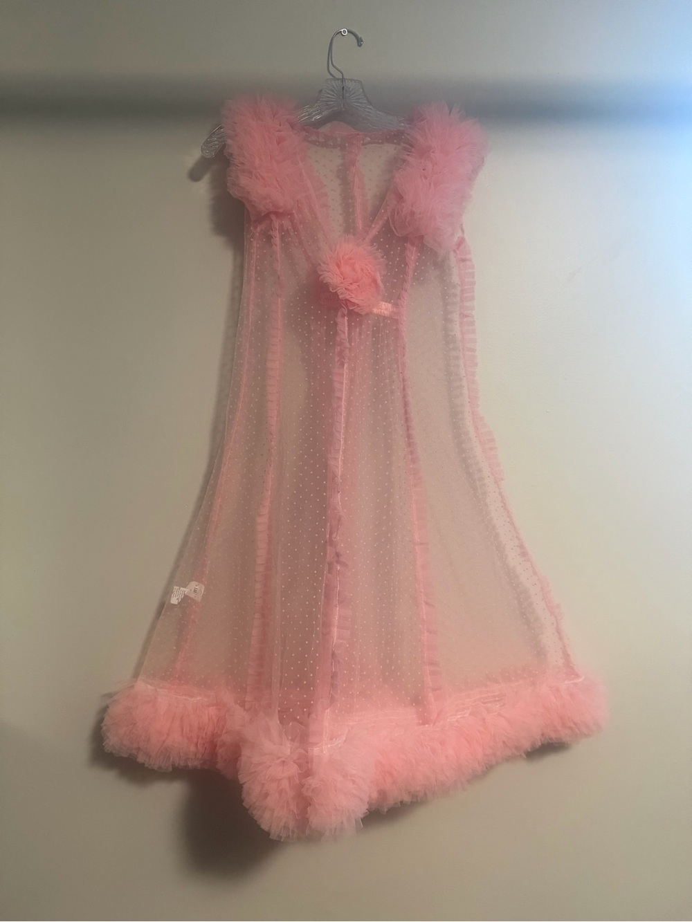 Pink Sheer Swiss Dot Maxi Nightgown Ruffle Pom Pom Coquette Boudoir Robe